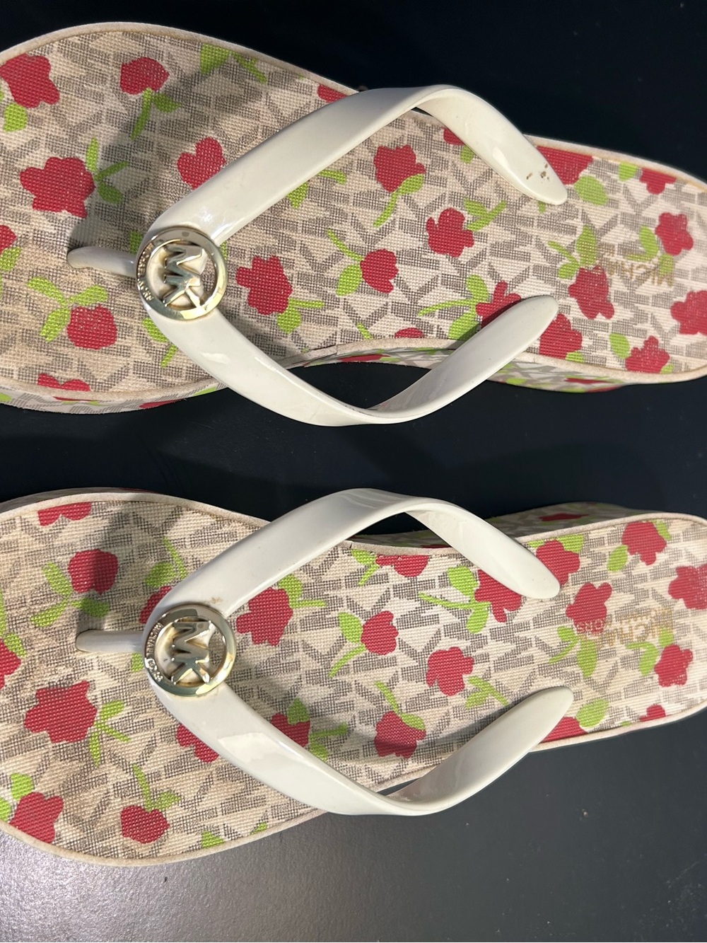 Michael Kors White Floral Print Flip Flop Sandals with Gold MK Emblems